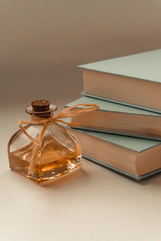 stack of books on white table