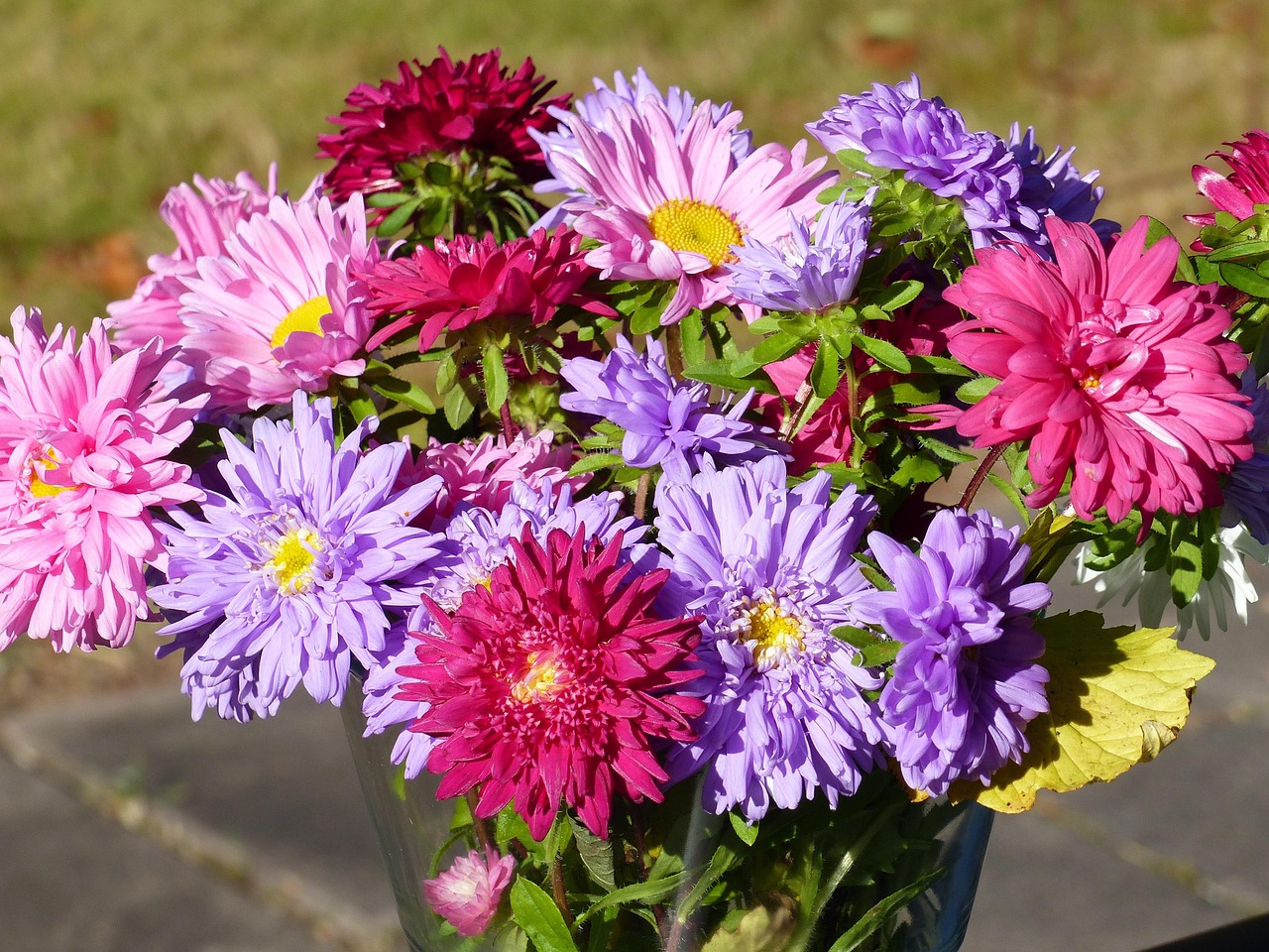 Vaas met herfstsnijbloemen in warme tinten oranje, bordeaux en geel op een houten tafel