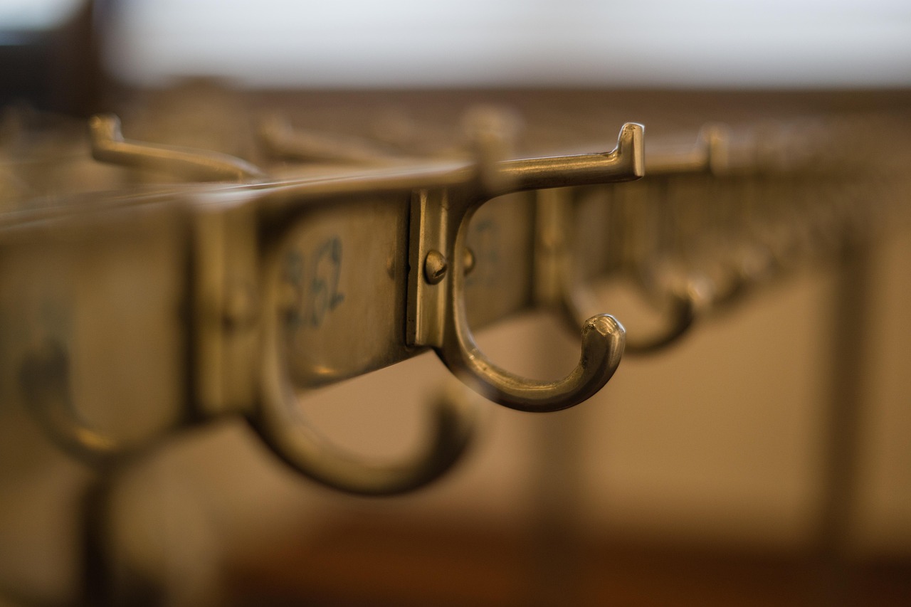 Nette gezinsgarderobe in een hal met haken op verschillende hoogtes voor kinderen en volwassenen